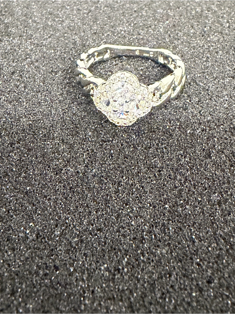 White Gold Plated Halo Cluster Floral Ring